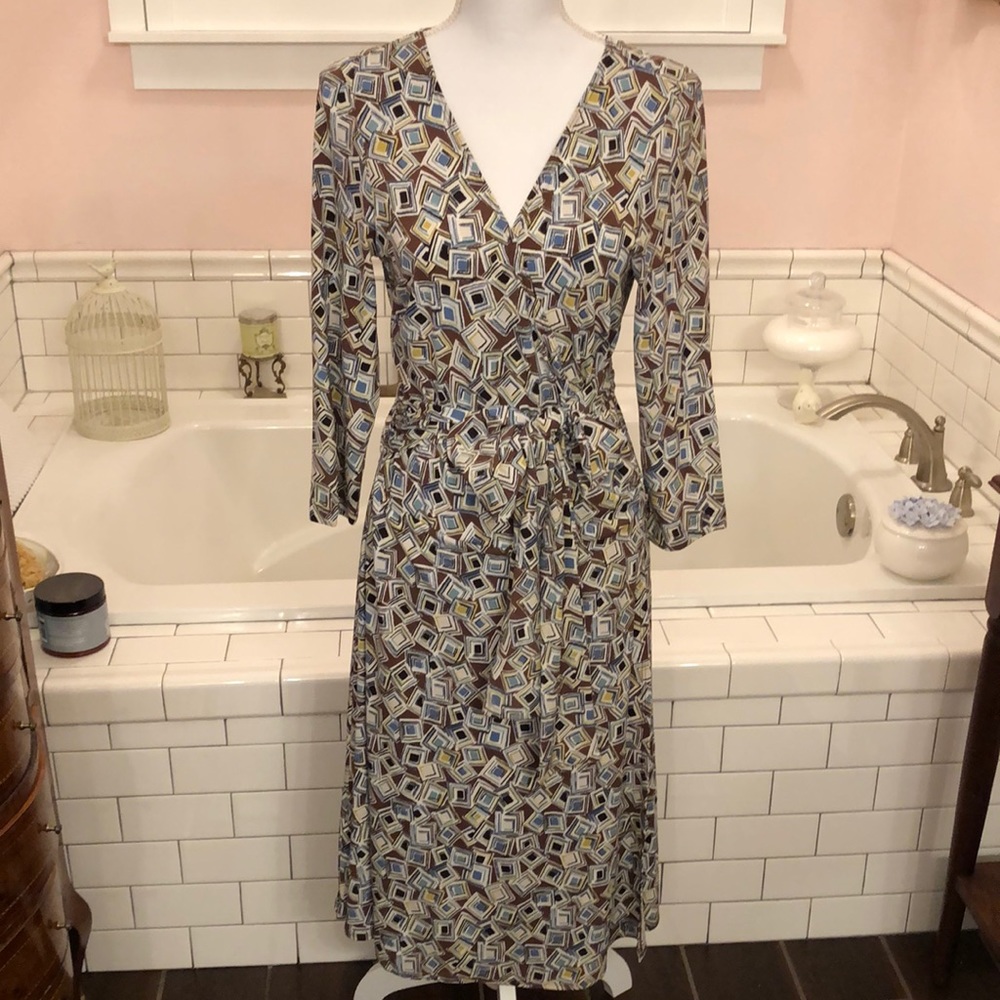 BCBGMAXAZRIA geometric pattern faux dress brown blue size Large